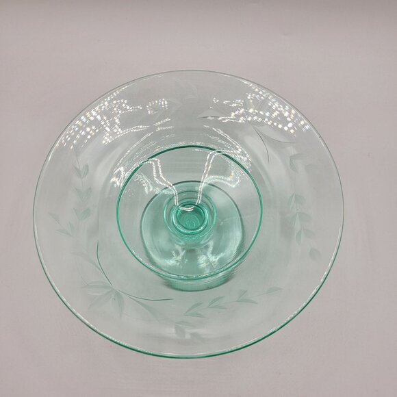1930s Compote Bowl Etched Green Uranium Glass Glowing Glass - Picture 6 of 9